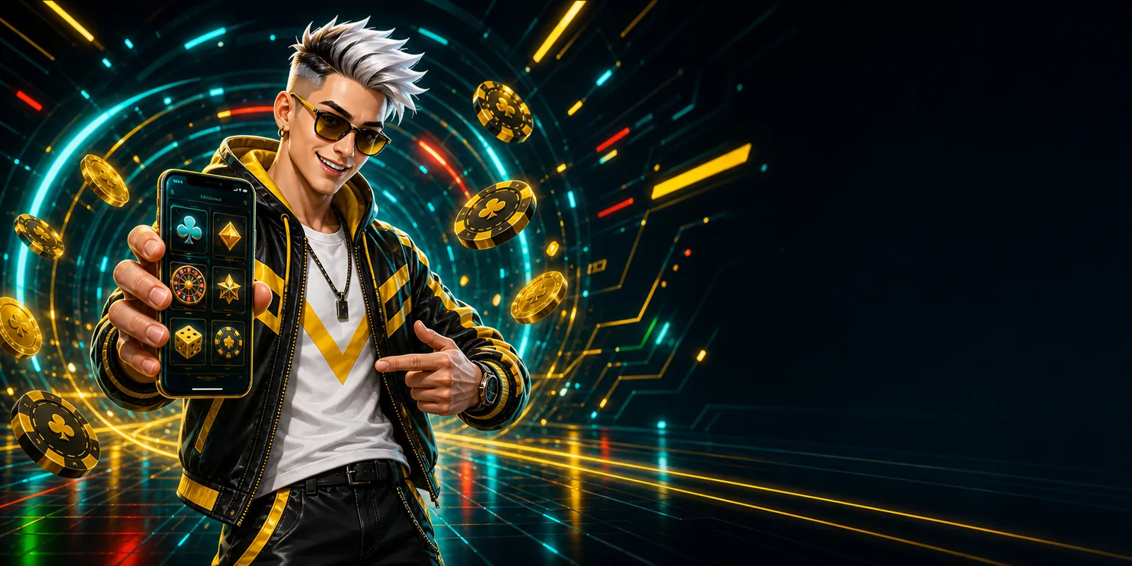 Banner de bónus móvel PlayBaze com personagem e smartphone