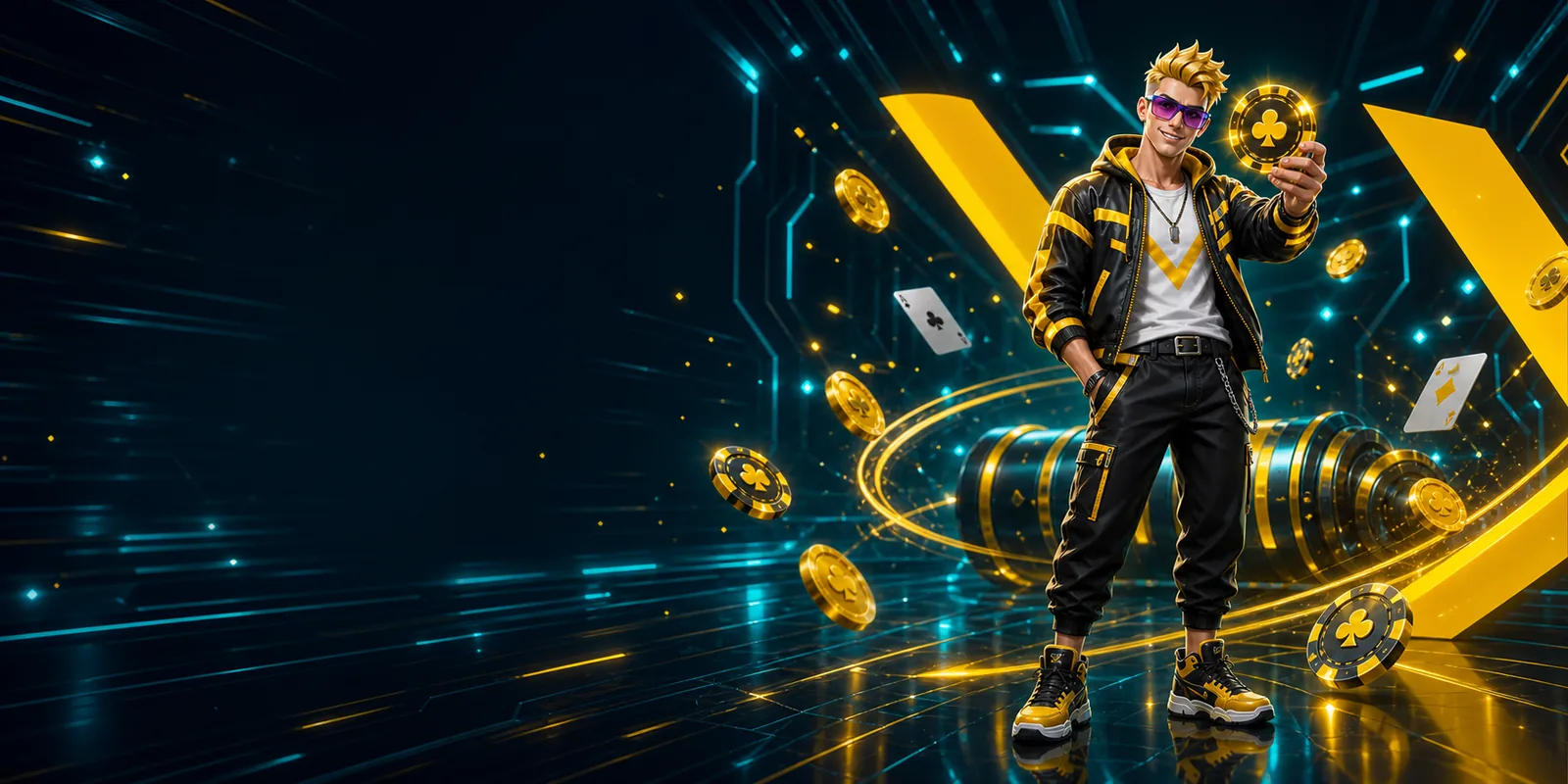 Banner de boas-vindas PlayBaze com personagem, moedas e fichas